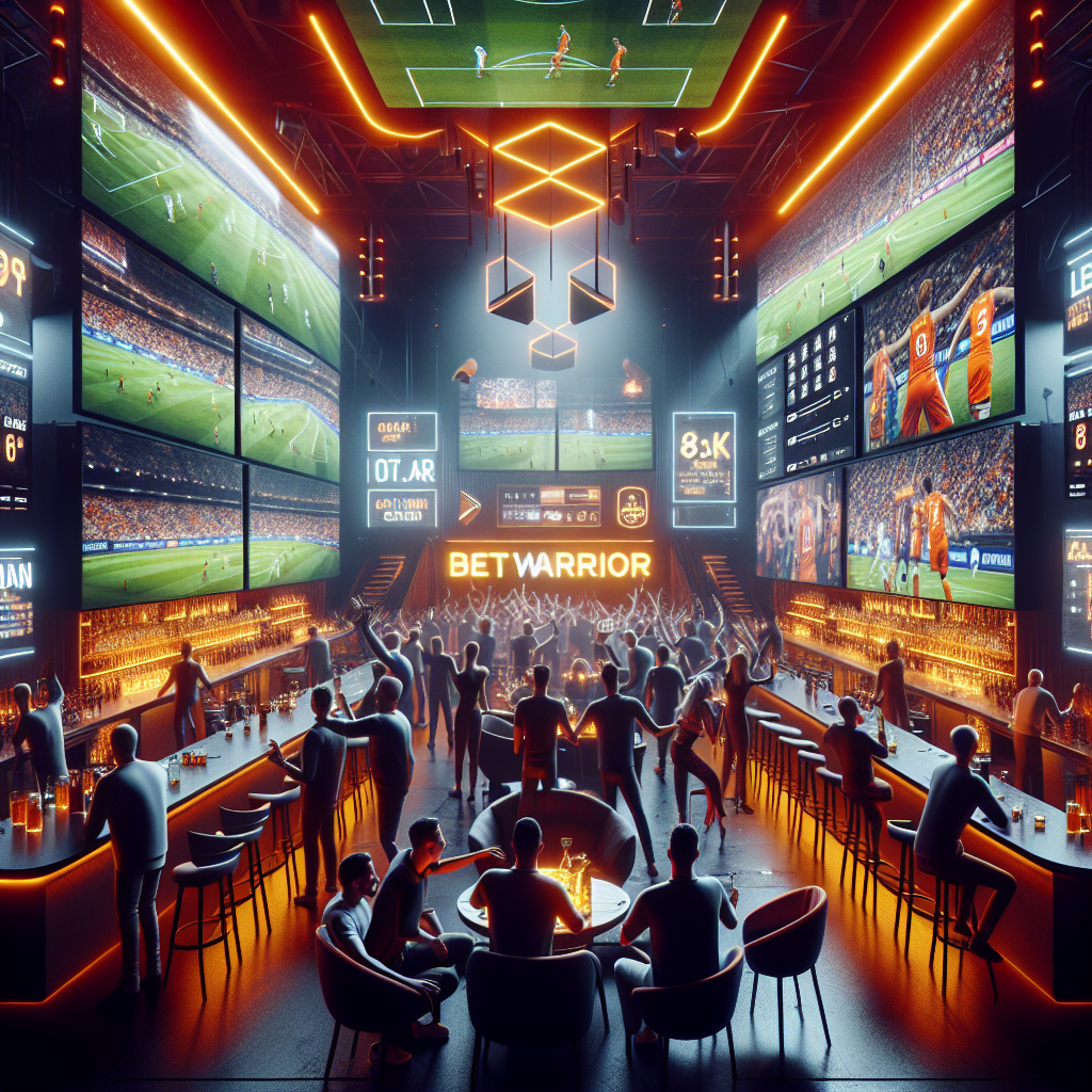 Ambiente deportivo digital en BetWarrior Sport Bar con pantallas y jugadores celebrando apuestas