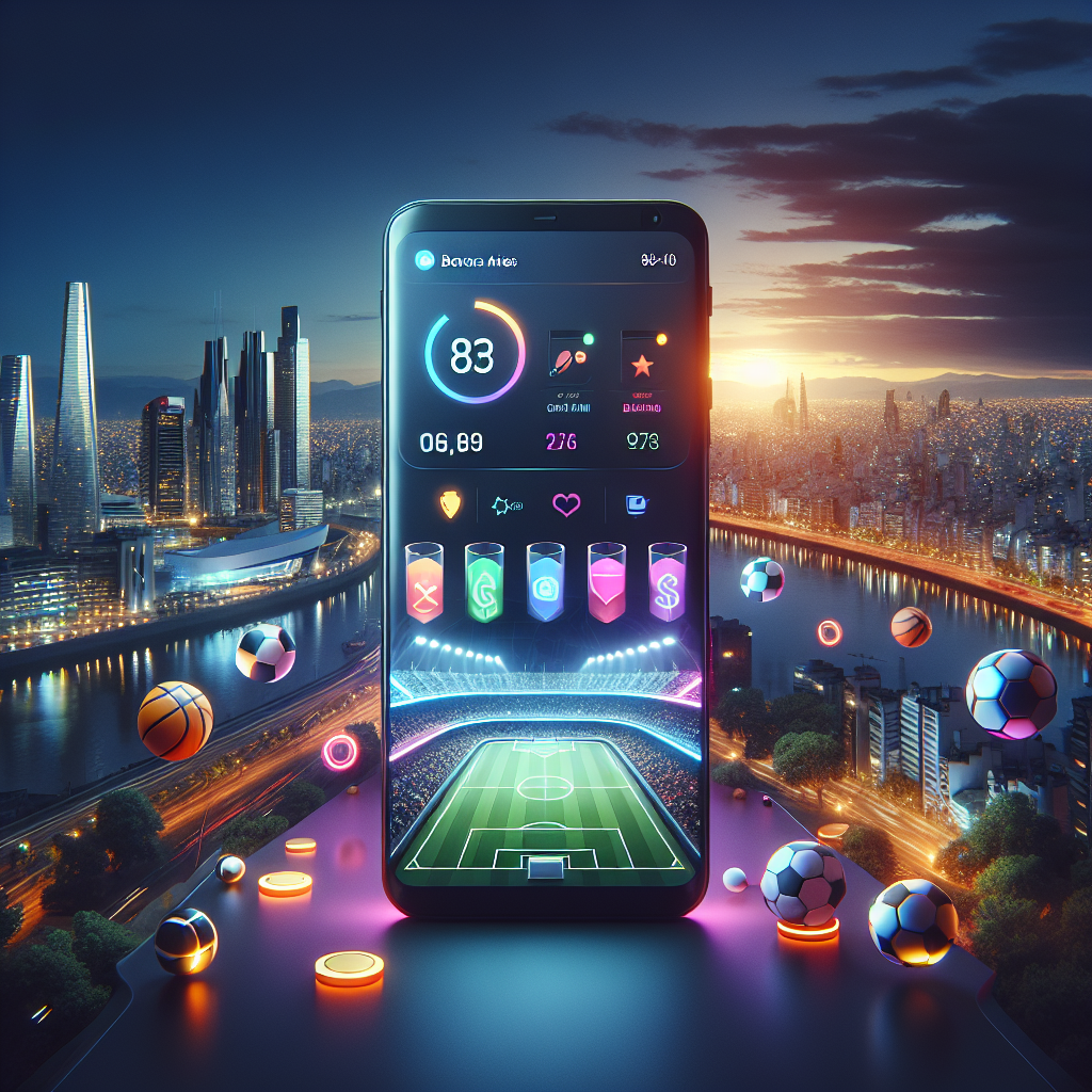 Ilustración digital de apuestas deportivas en BetWarrior en CABA, con móvil y luces urbanas