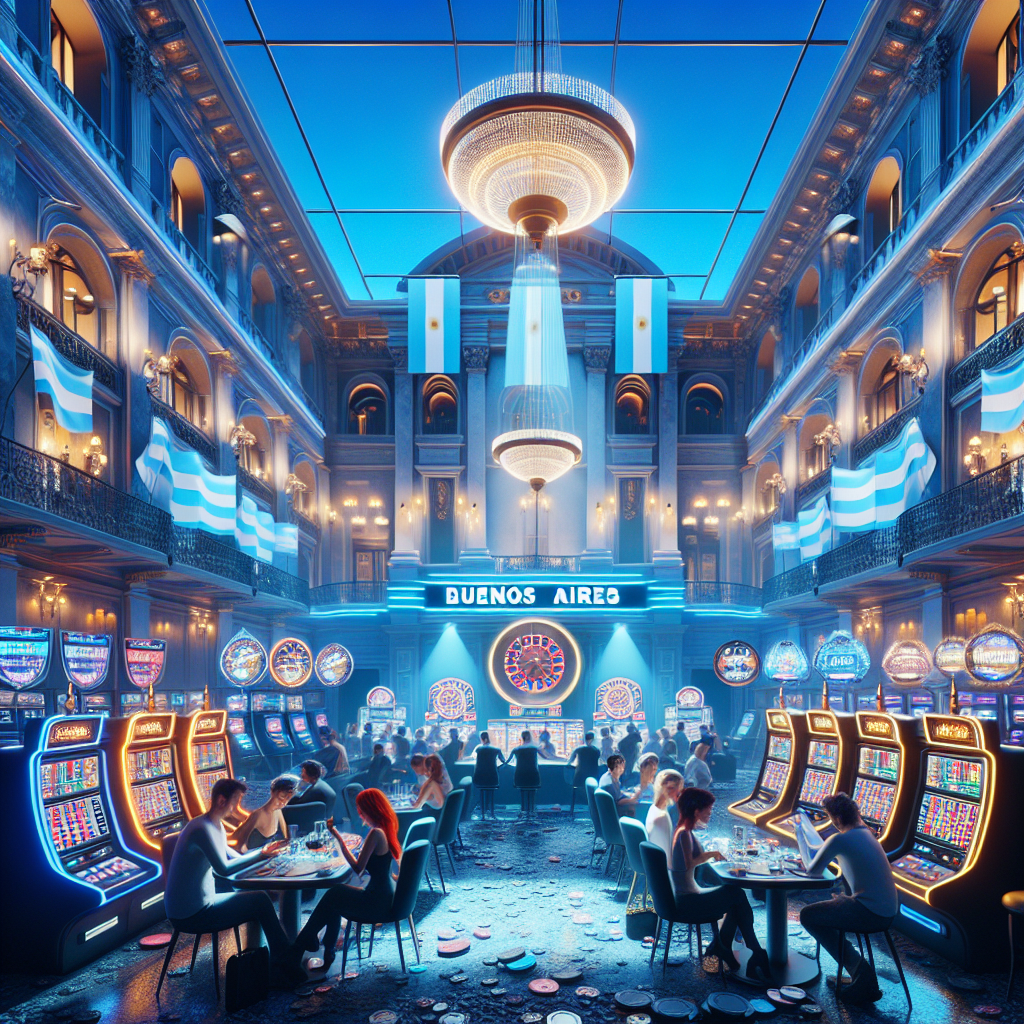 Casino online vibrante en Buenos Aires, ruletas y tragamonedas digitales, ambiente moderno y emocionante.