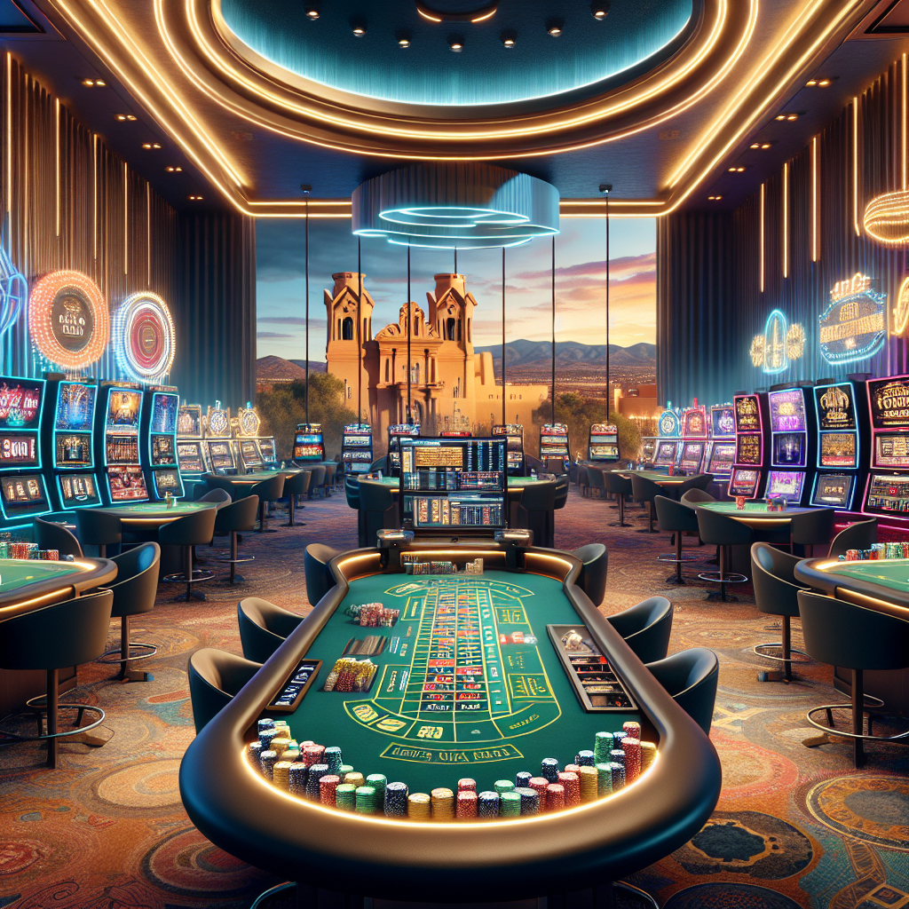 Casino online ambientado en Santa Fe con dispositivos y juegos digitales en ambiente neón