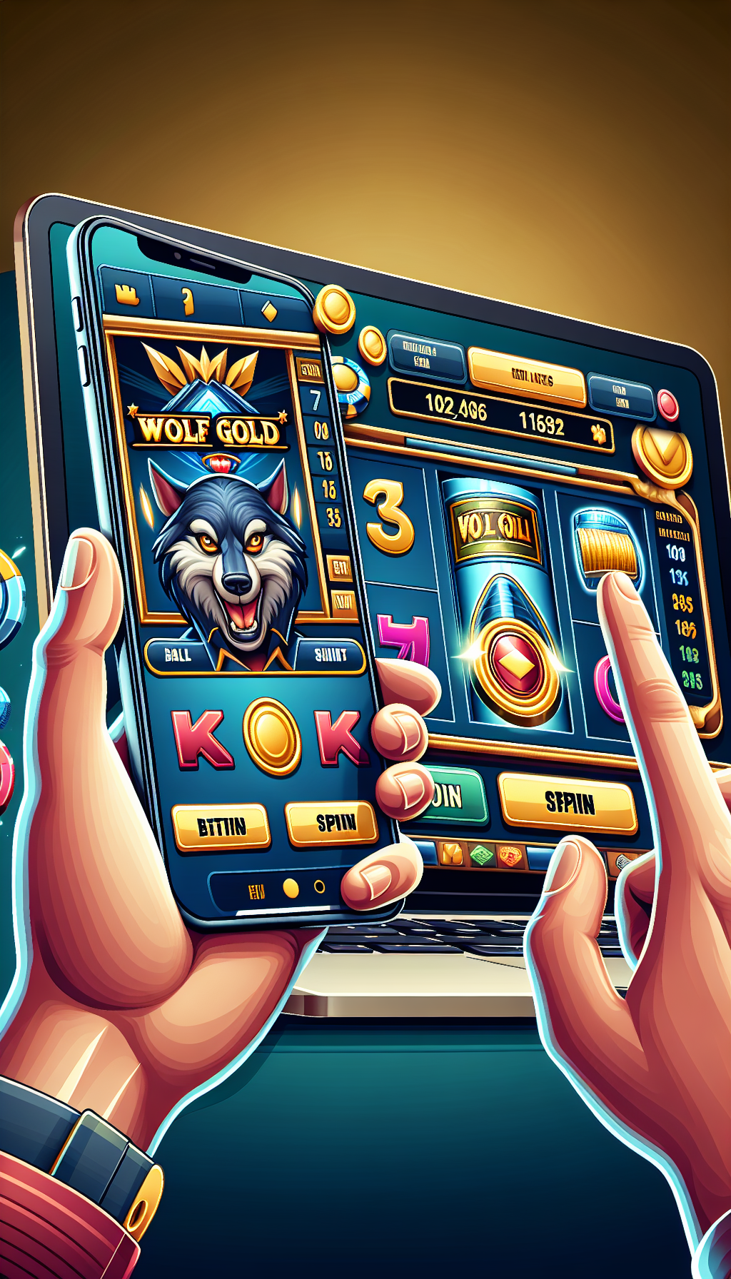 Pantallas móviles y de ordenador mostrando cómo jugar a Wolf Gold slot