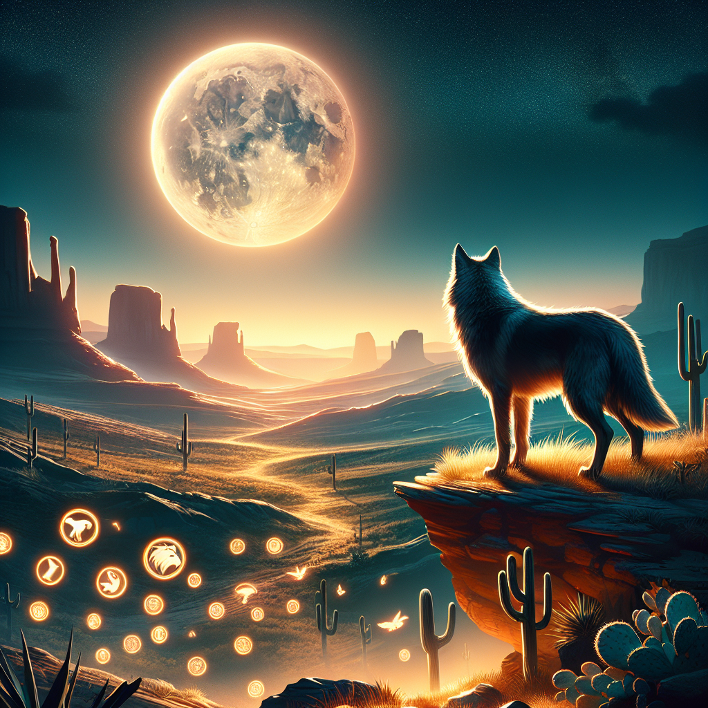 Majestic wolf on a desert cliff with Wolf Gold slot symbols in the starry sky for article banner