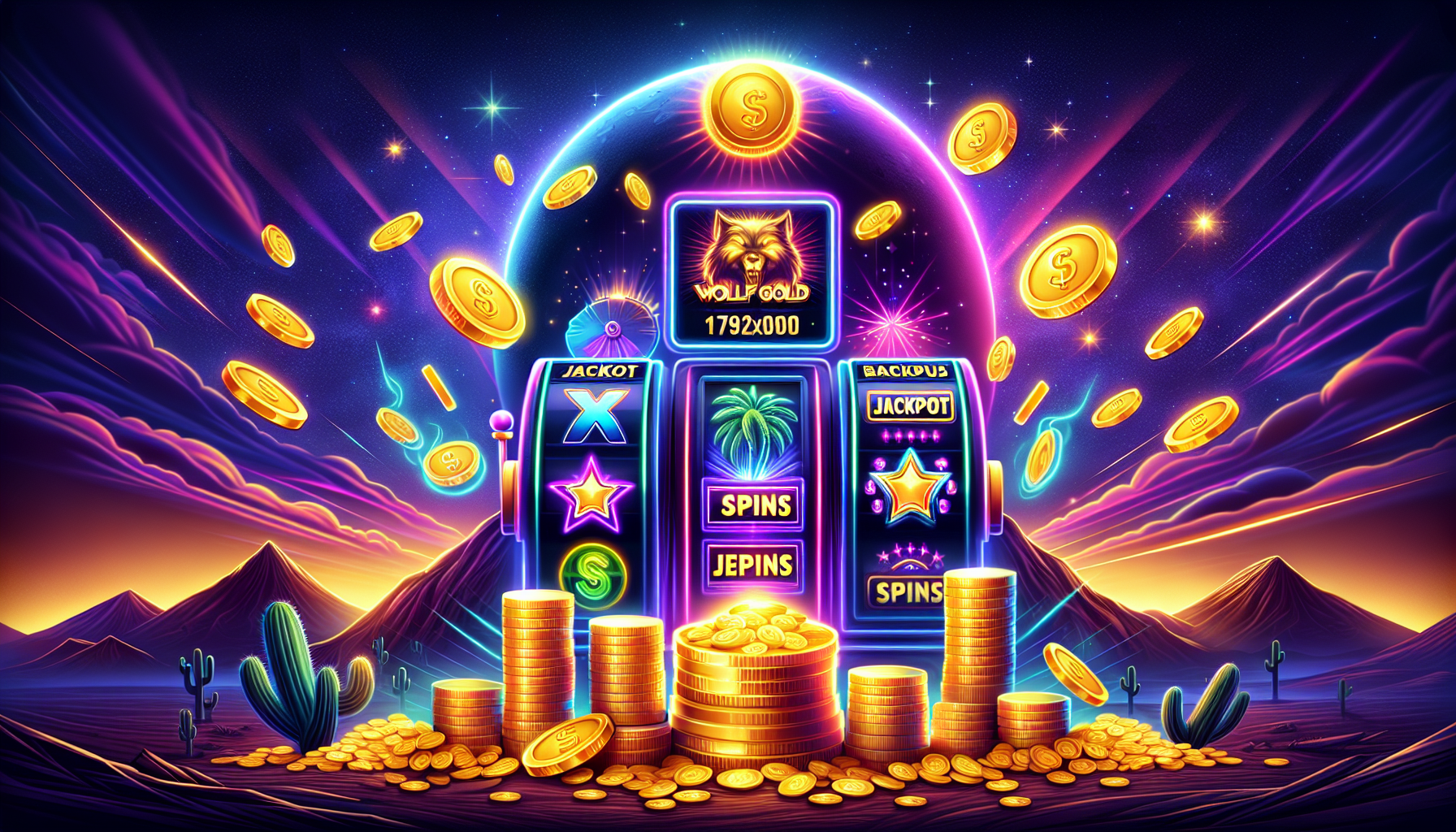 Representación gráfica de rondas de bonificación y jackpots en Wolf Gold sobre fondo de desierto